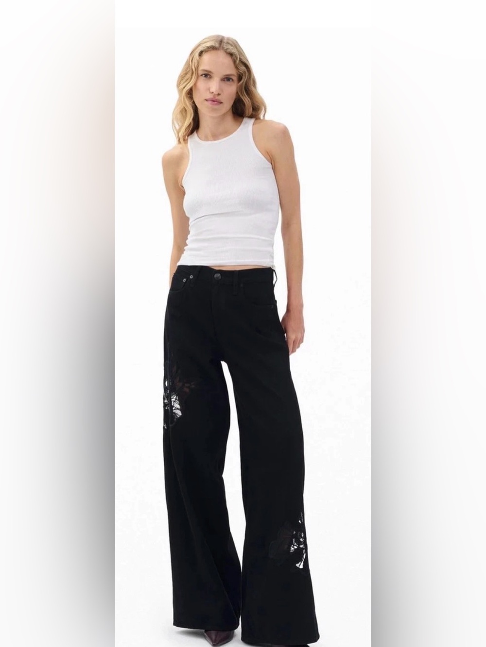 Rag & Bone The Sofie Ultra Wide Leg Jeans Black Floral Embroidered Size 26 NEW